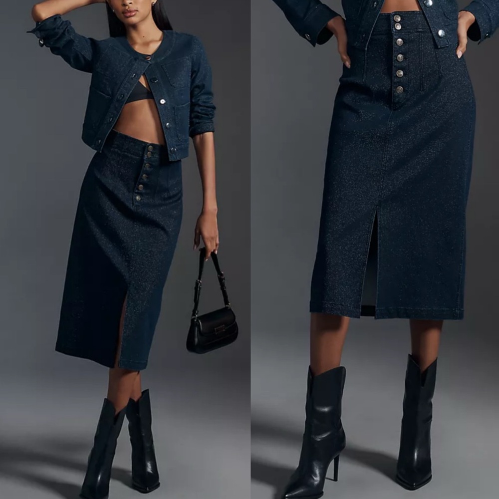 Anthropologie Pilcro Sparkle Denim Pencil Midi Skirt Preppy Classic Womens 6